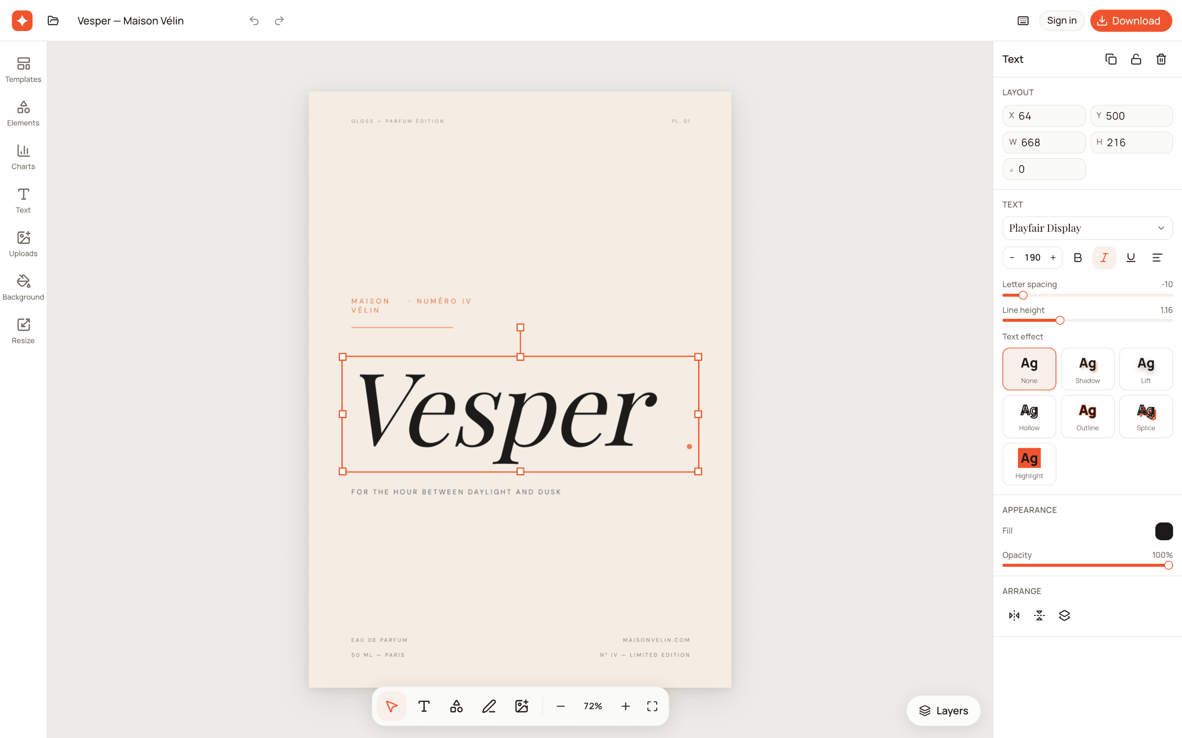 Designing a premium perfume poster in the Graphtr editor, with the text and effects panel open